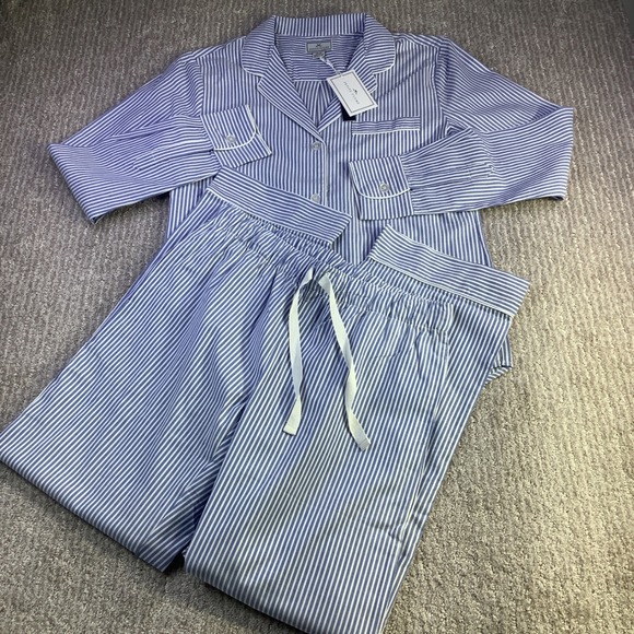 Petite Plume French Blue Seersucker Pajama Set Womens XS Striped Cotton NWT - Picture 6 of 16